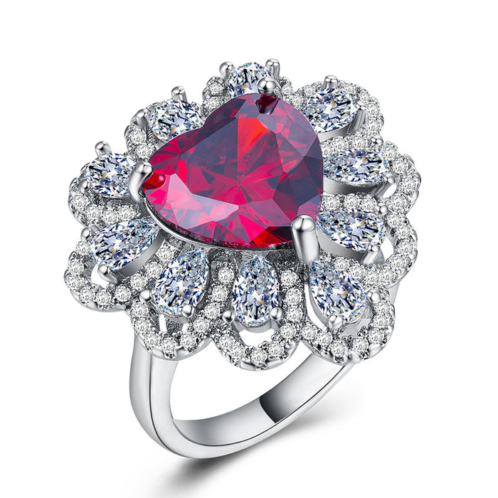 Anillo de mujer plateado con circonita en forma de corazón exagerada de estilo floral, joyería al por mayor, estilo europeo y americano