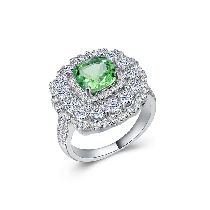 Anillo de circonita verde para dama, estilo europeo y americano, chapado en platino, joyería de fiesta al por mayor