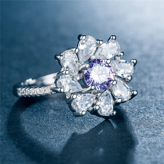 European and American eight-petal flower design zircon women's ring creative platinum-plated jewelry wholesale