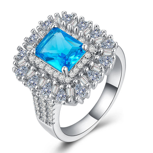 European and American blue zircon luxury platinum plated ring hot selling women's jewelry