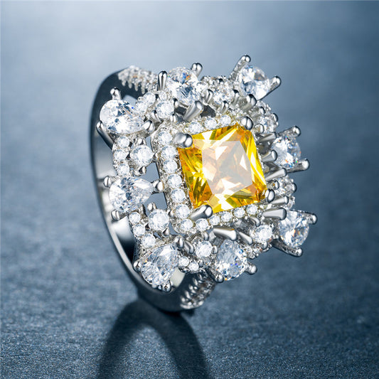 Fashion Yellow Square Zirconia Women's Ring Platinum Plated Prom Party Jewelry