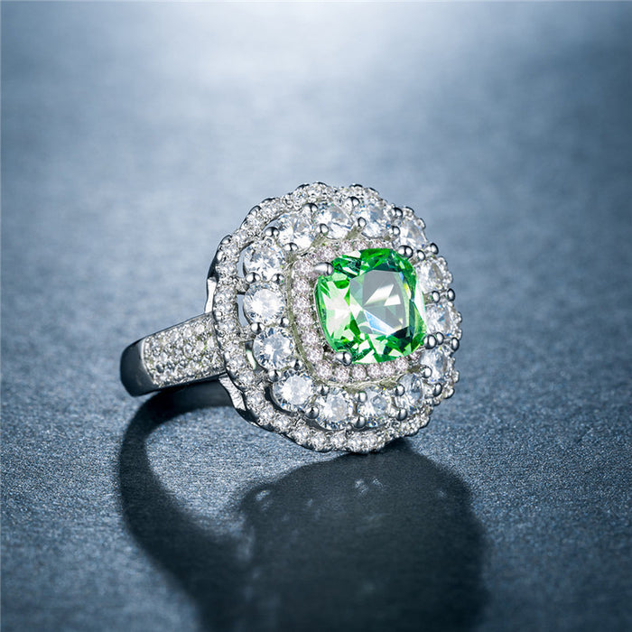 Anillo de circonita verde para dama, estilo europeo y americano, chapado en platino, joyería de fiesta al por mayor