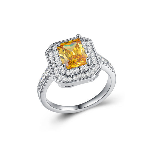 European and American Fashion Yellow Zircon Women's Ring Platinum Plated Party Jewelry