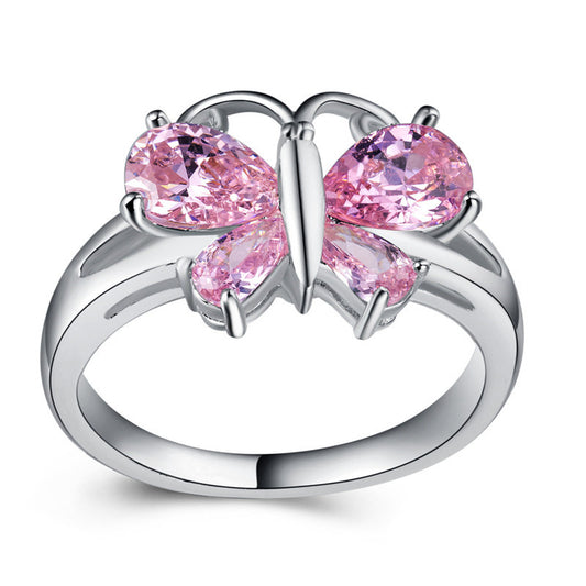 Butterfly Red Corundum Zircon Ring Creative Silver Plated Women's Jewelry Wholesale