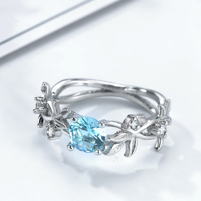 Aquamarine lucky flower ring tree branch design ladies jewelry wholesale