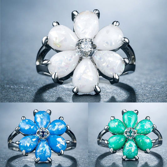 European and American imitation opal flower ring platinum plated ladies ring wholesale