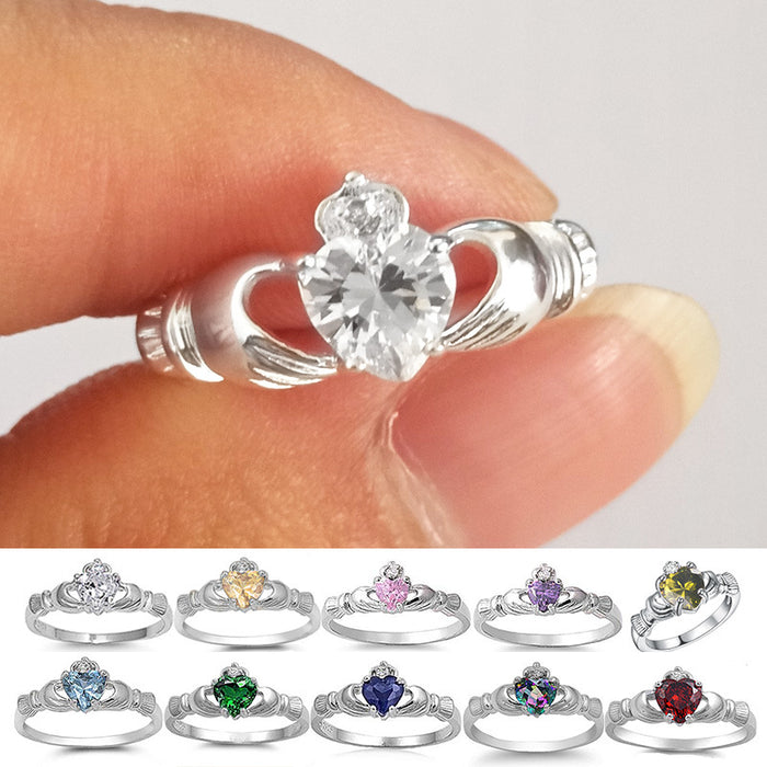 Multi-color hand holding heart shape women's ring zircon imitation diamond fashion jewelry