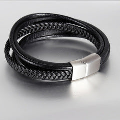 Bracelet Stainless Steel Genuine Leather Woven Multilayer - wallojewerly 