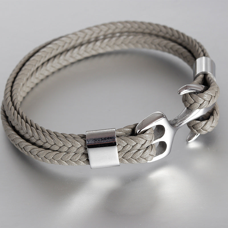 Bracelet Stainless Steel Anchor Genuine Leather Vintage Woven - wallojewerly 