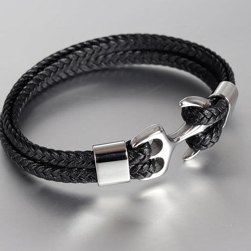 Bracelet Stainless Steel Anchor Genuine Leather Vintage Woven - wallojewerly 