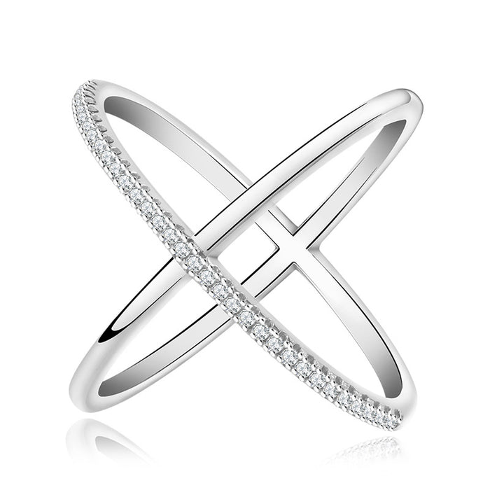 Letter X-shaped zircon ring copper plated white gold simple style