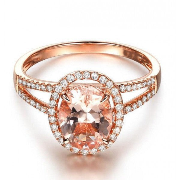 Elegante anillo de compromiso para mujer con diamantes y circonitas ovaladas chapado en oro rosa