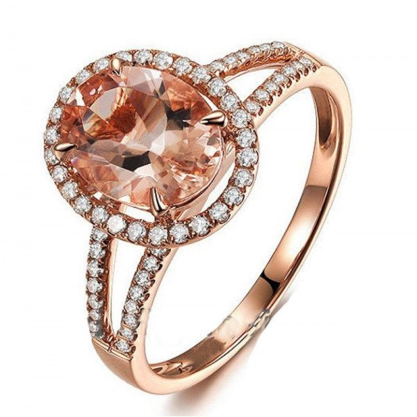 Elegante anillo de compromiso para mujer con diamantes y circonitas ovaladas chapado en oro rosa