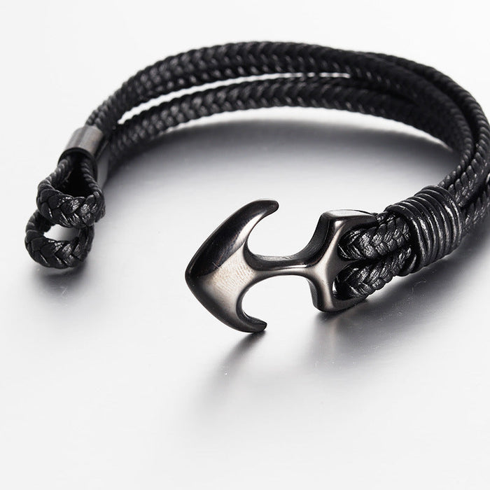 Bracelet Stainless Steel Black Leather Braided Boat Anchor - wallojewerly 