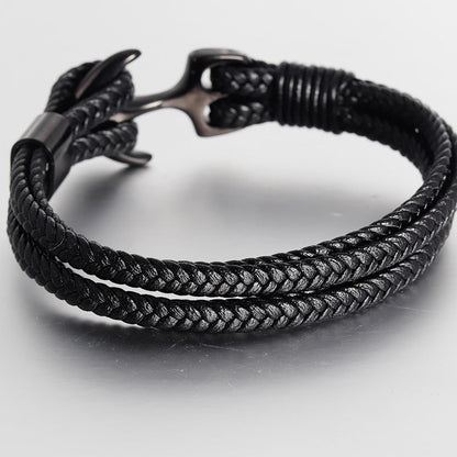 Bracelet Stainless Steel Black Leather Braided Boat Anchor - wallojewerly 