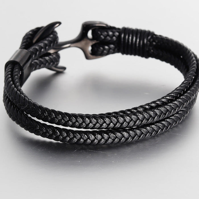 Bracelet Stainless Steel Black Leather Braided Boat Anchor - wallojewerly 