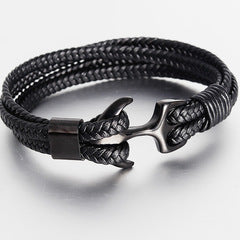 Bracelet Stainless Steel Anchor Genuine Leather Vintage Woven - wallojewerly 