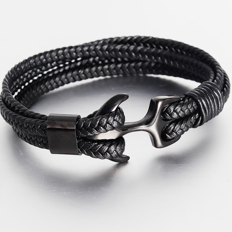 Bracelet Stainless Steel Black Leather Braided Boat Anchor - wallojewerly 