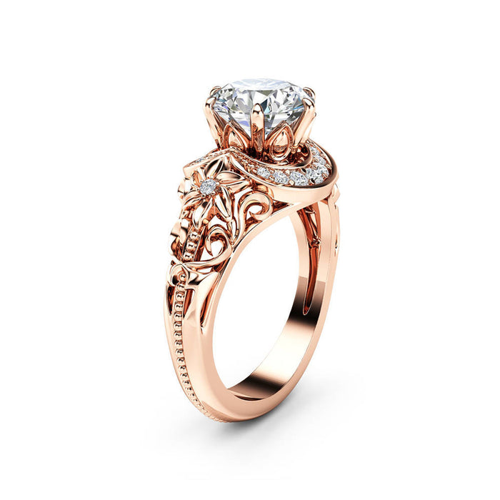 Hollow flower imitation diamond ring rose gold plated women's ring