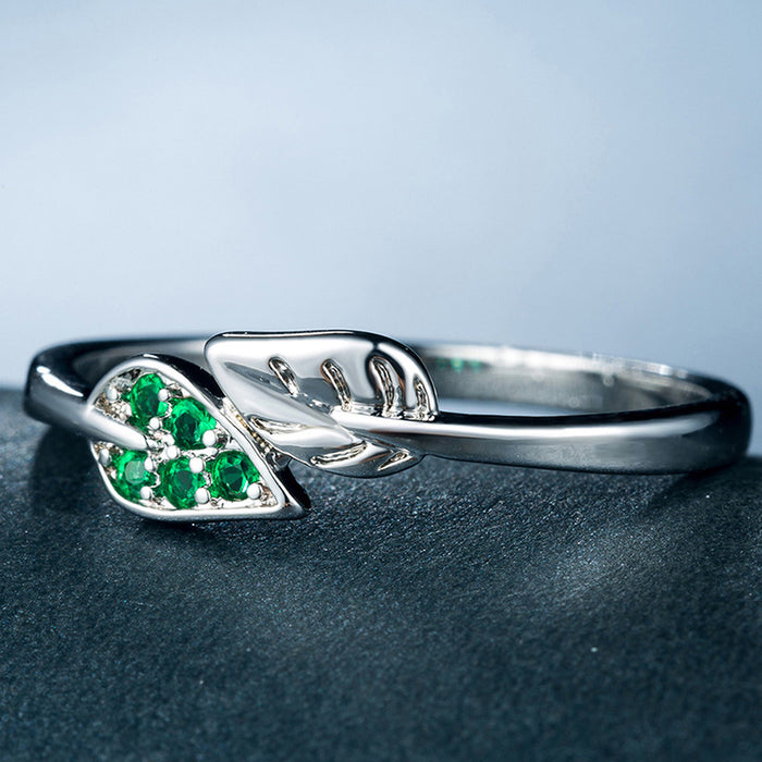 Branch and green leaves silver plated zircon women's ring