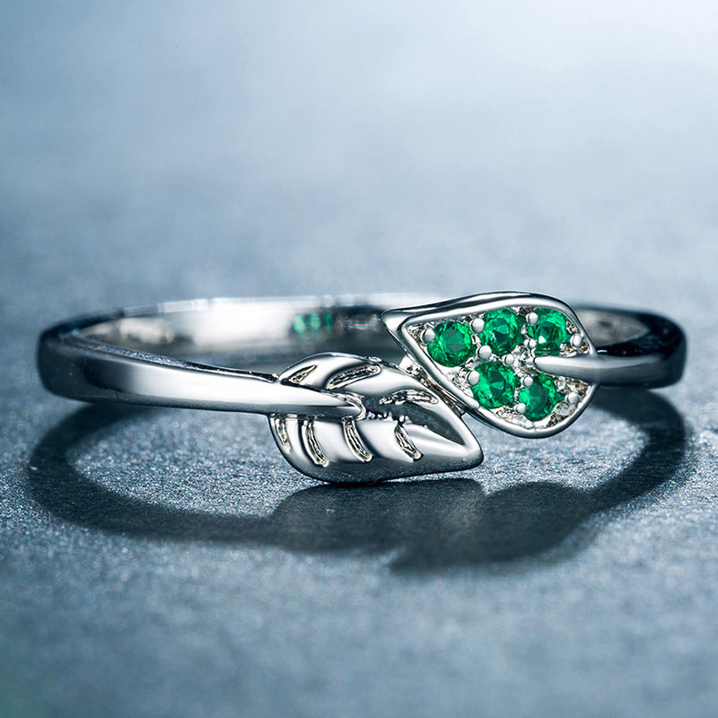 Branch and green leaves silver plated zircon women's ring