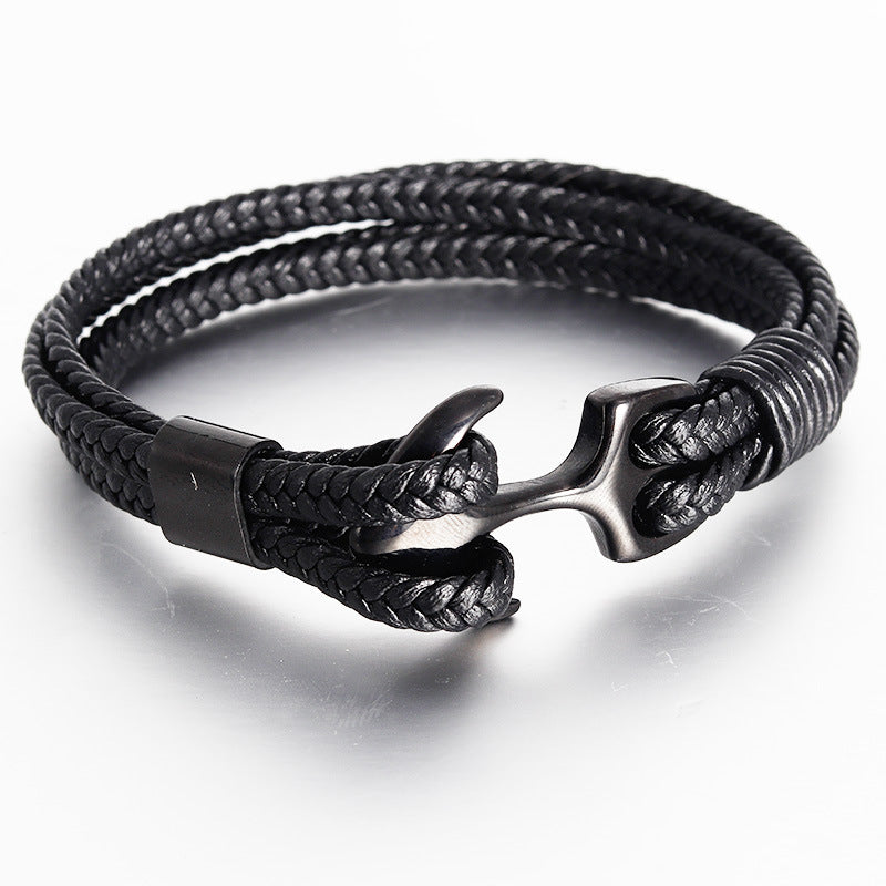 Bracelet Stainless Steel Black Leather Braided Boat Anchor - wallojewerly 