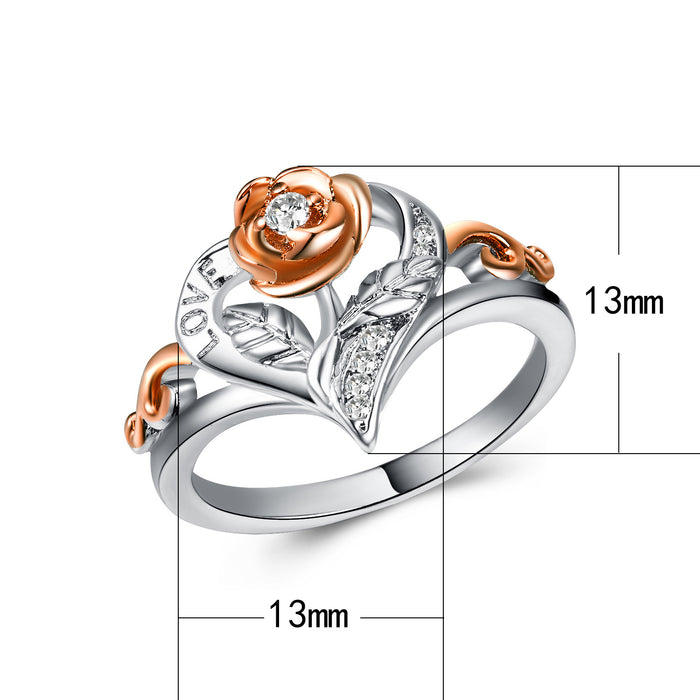 Heart-shaped rose imitation diamond ring white gold plated zircon women's ring wholesale