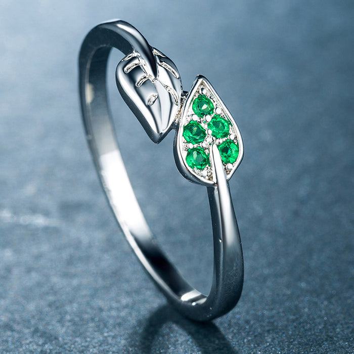 Branch and green leaves silver plated zircon women's ring