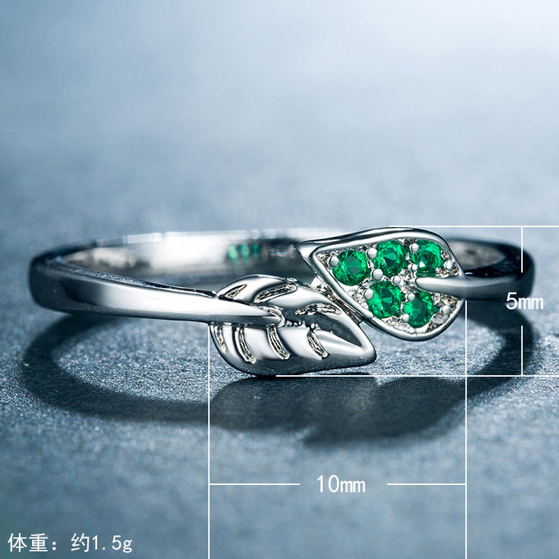 Branch and green leaves silver plated zircon women's ring