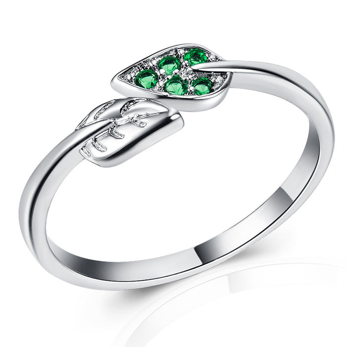 Branch and green leaves silver plated zircon women's ring