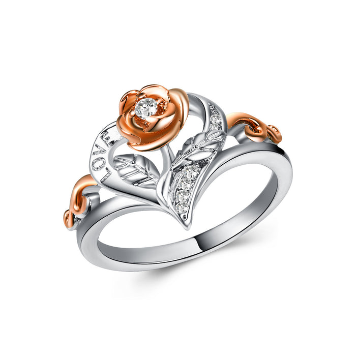 Heart-shaped rose imitation diamond ring white gold plated zircon women's ring wholesale