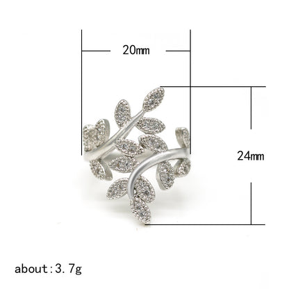 Olive branch leaf shaped silver plated zircon women's ring