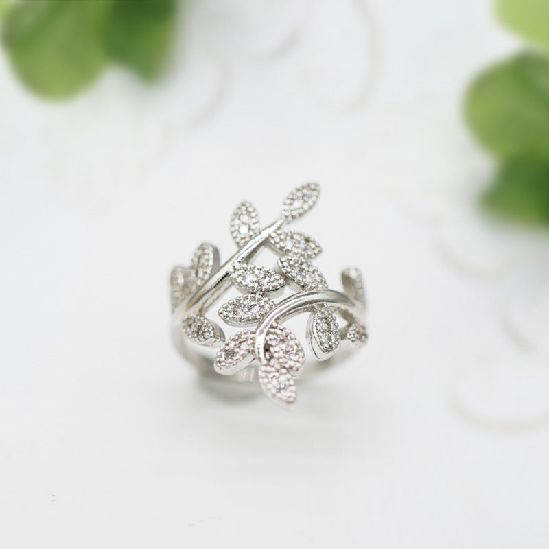 Olive branch leaf shaped silver plated zircon women's ring