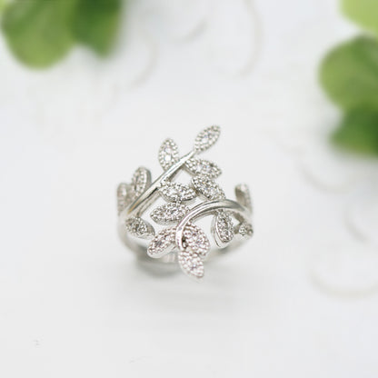 Olive branch leaf shaped silver plated zircon women's ring