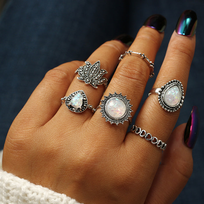 Vintage Heart Opal Rings - 6pcs Set