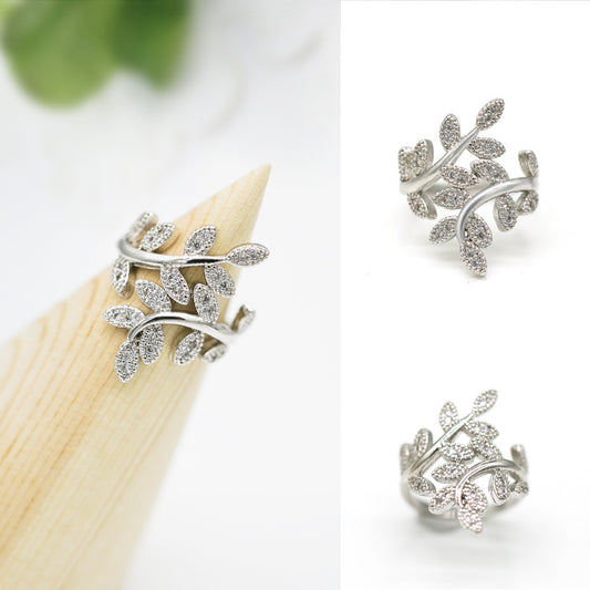 Olive branch leaf shaped silver plated zircon women's ring