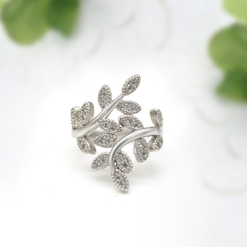 Olive branch leaf shaped silver plated zircon women's ring