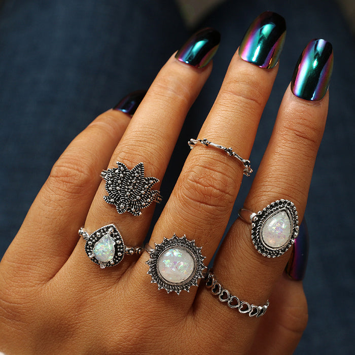 Vintage Heart Opal Rings - 6pcs Set