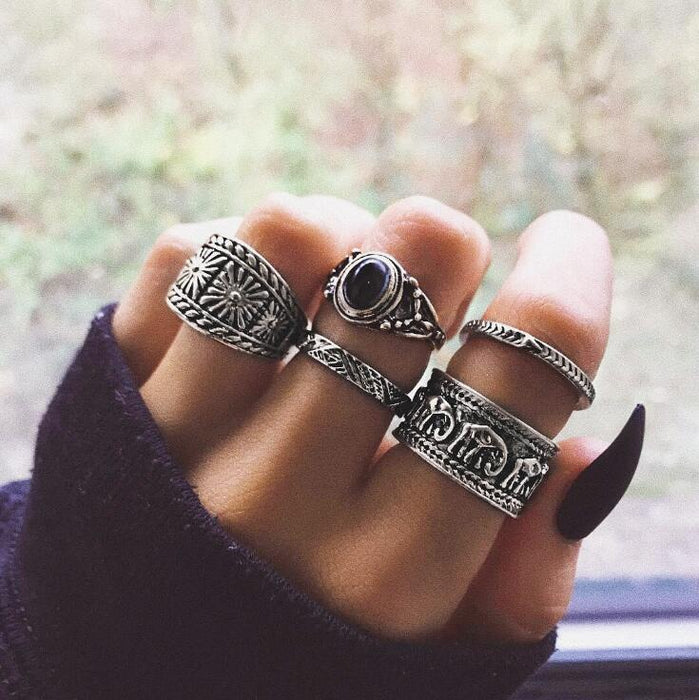 Black Gemstone Rings - 5pcs Set