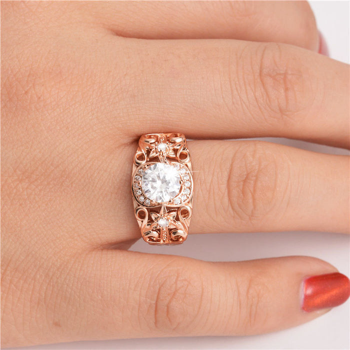 Hollow flower imitation diamond ring rose gold plated women's ring