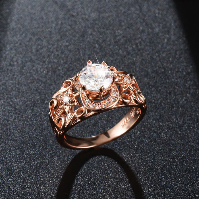Hollow flower imitation diamond ring rose gold plated women's ring