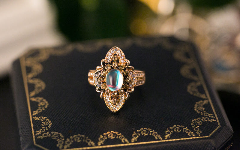 Moonstone inlaid crystal vintage women's ring