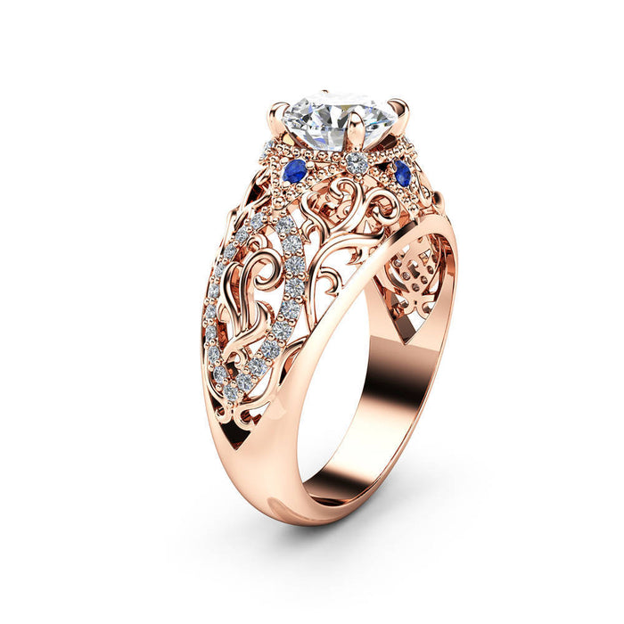 Hollow flower inlaid zircon sapphire women's ring