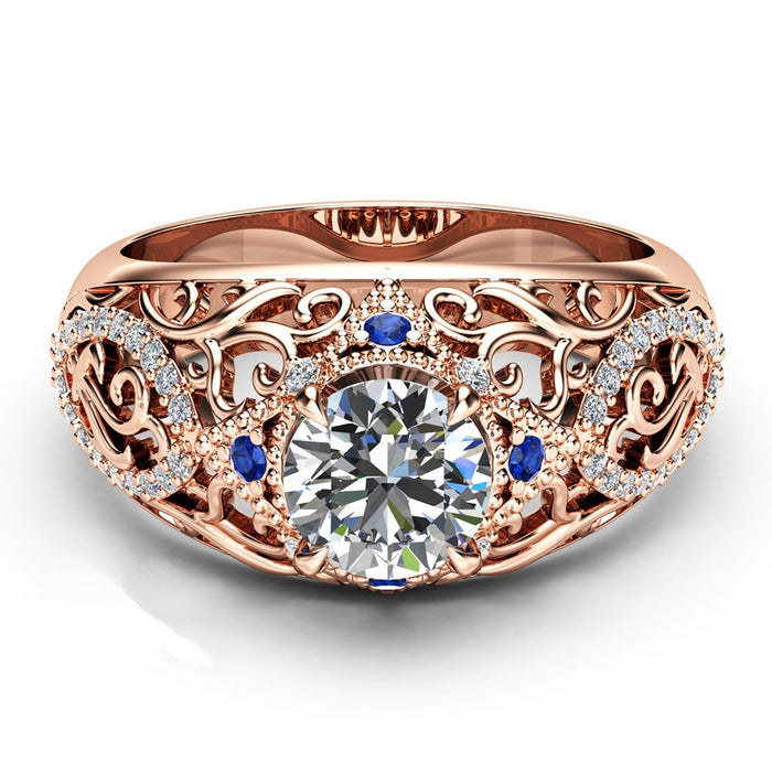 Hollow flower inlaid zircon sapphire women's ring