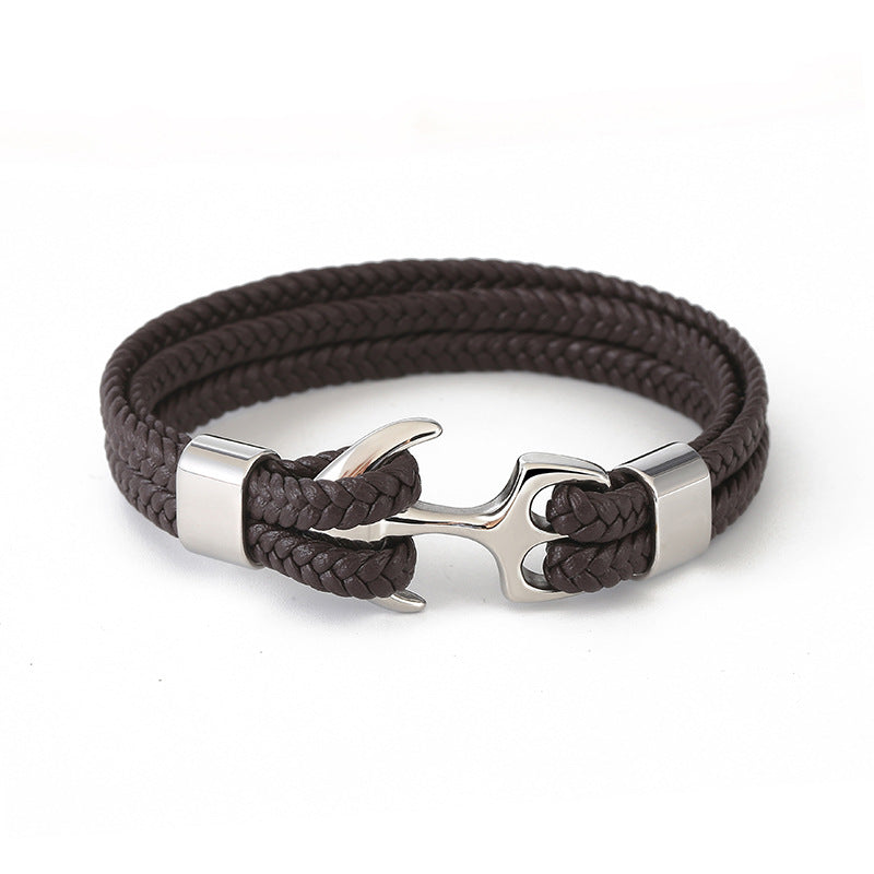 Bracelet Stainless Steel Anchor Genuine Leather Vintage Woven - wallojewerly 