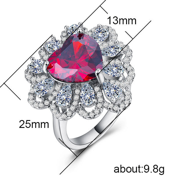 Anillo de mujer plateado con circonita en forma de corazón exagerada de estilo floral, joyería al por mayor, estilo europeo y americano