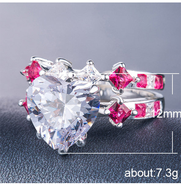 Heart-shaped zircon silver-plated couple ring