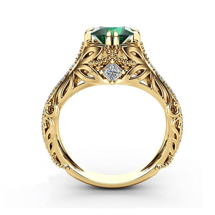 Anillo de compromiso de lujo de moda para mujer con diamantes y circonita verde esmeralda