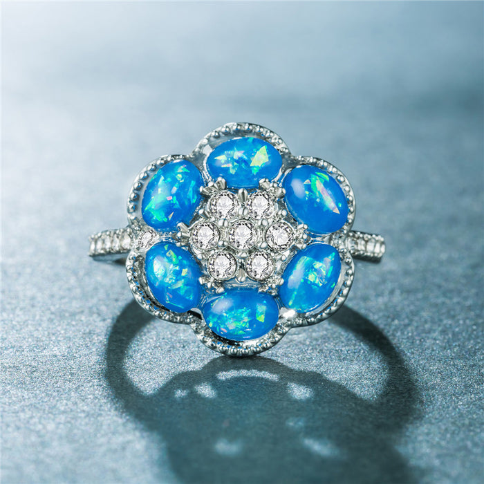 Hexagonal Flower Opal Pinky Ring with Micro-Rhinestones