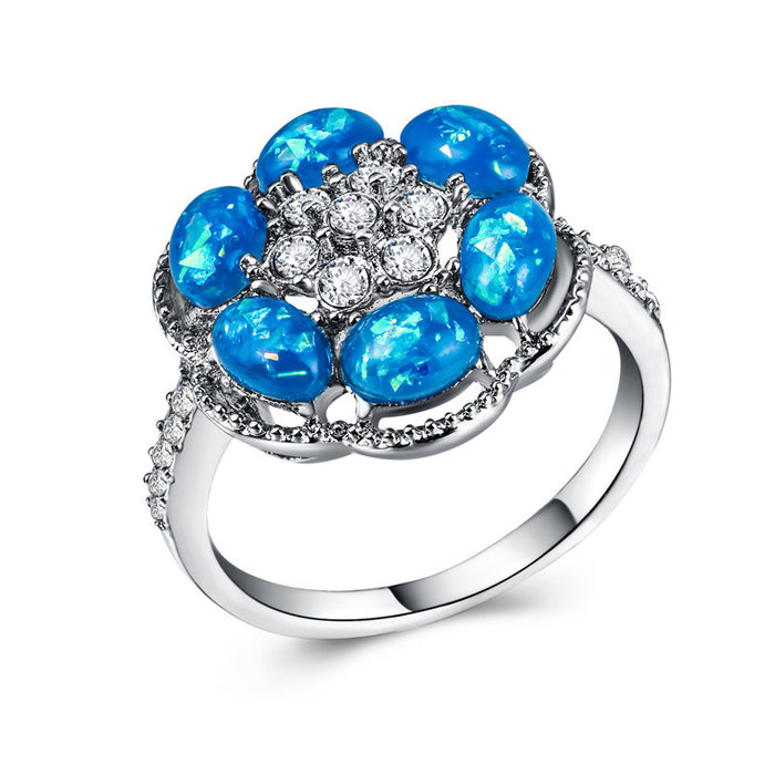 Hexagonal Flower Opal Pinky Ring with Micro-Rhinestones